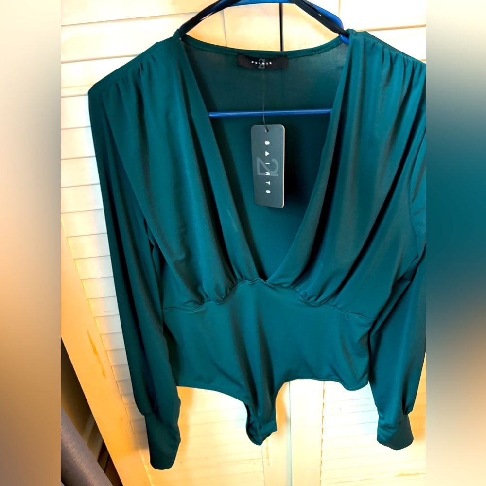 Emerald Green Blouse V neck Bodysuit